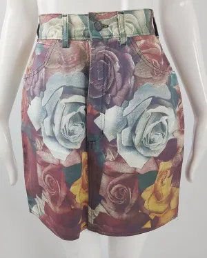 Modzart Vintage Denim Floral Rose Digital Print Skirt, 1980s