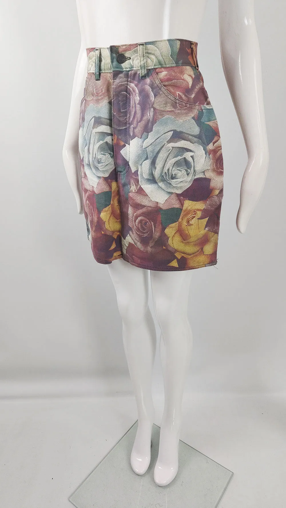 Modzart Vintage Denim Floral Rose Digital Print Skirt, 1980s