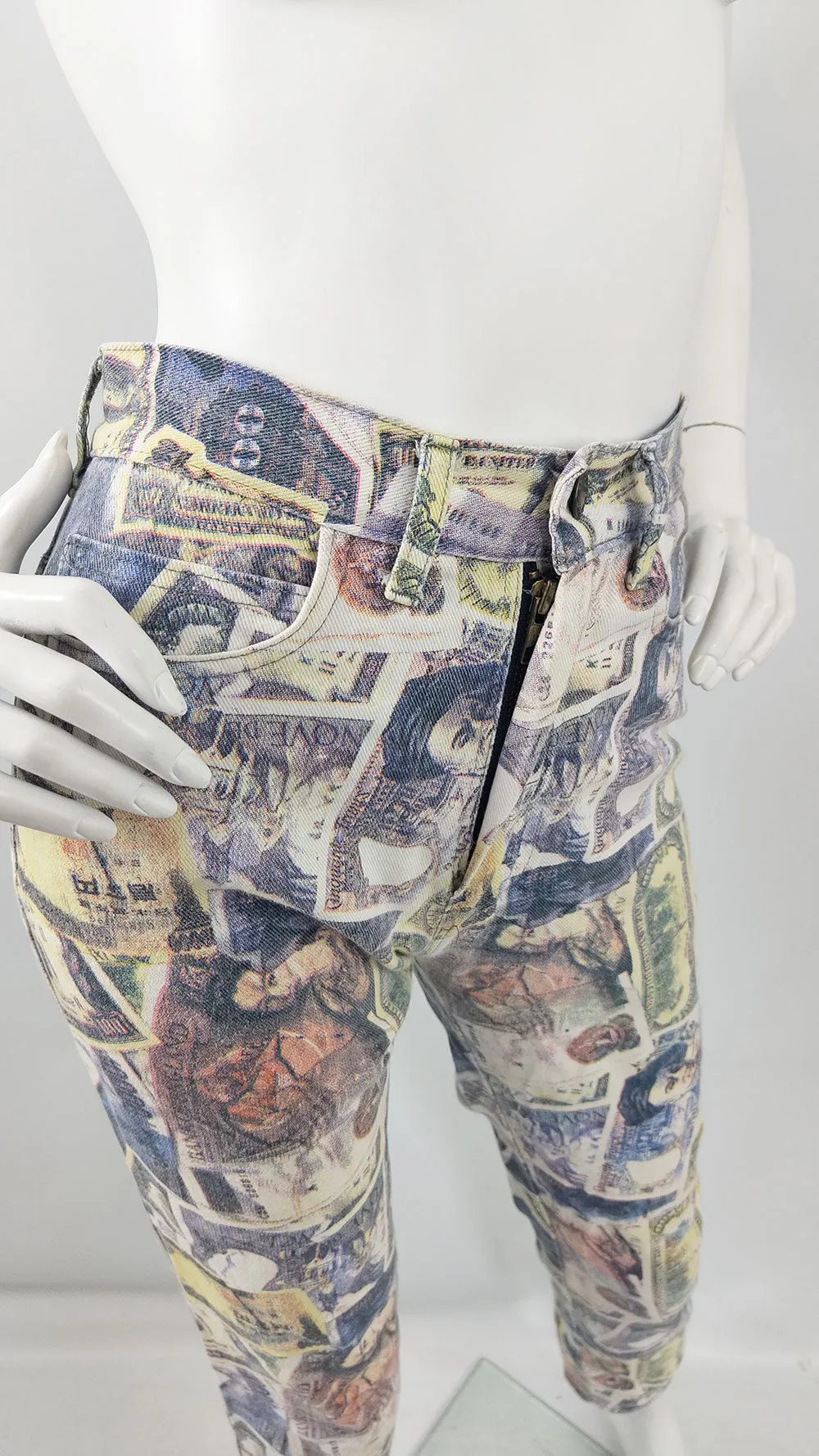 Modzart Vintage Womens Slim Leg Money Print Jeans, 1980s