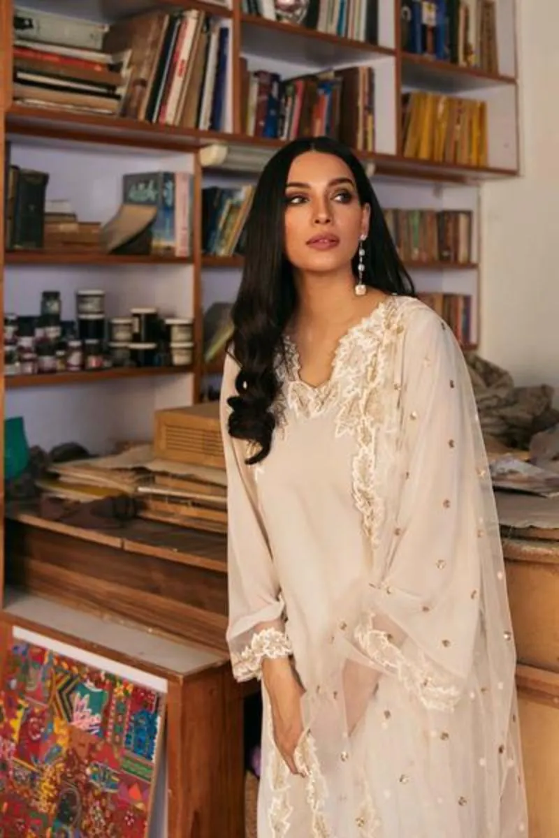 Natasha Kamal - Parfait Nude Georgette Chiffon Shirt and Raw Silk Pants with Net Dupatta - 3 Pieces