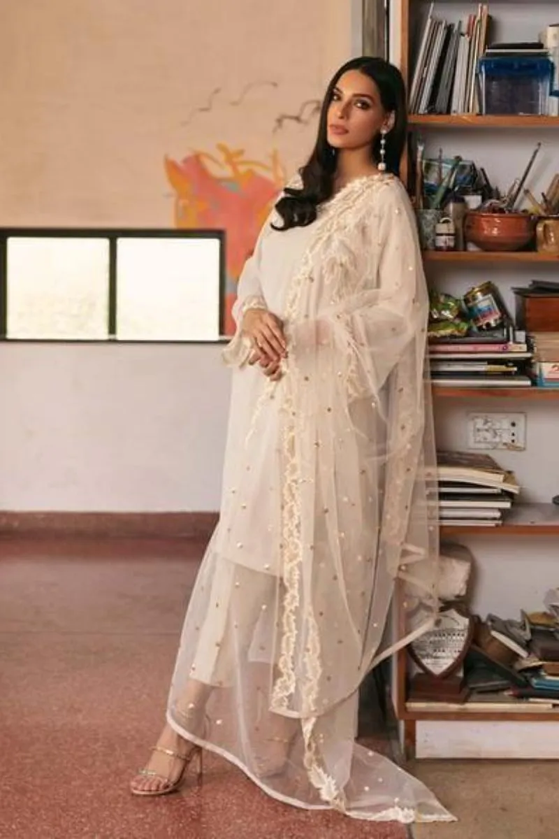 Natasha Kamal - Parfait Nude Georgette Chiffon Shirt and Raw Silk Pants with Net Dupatta - 3 Pieces