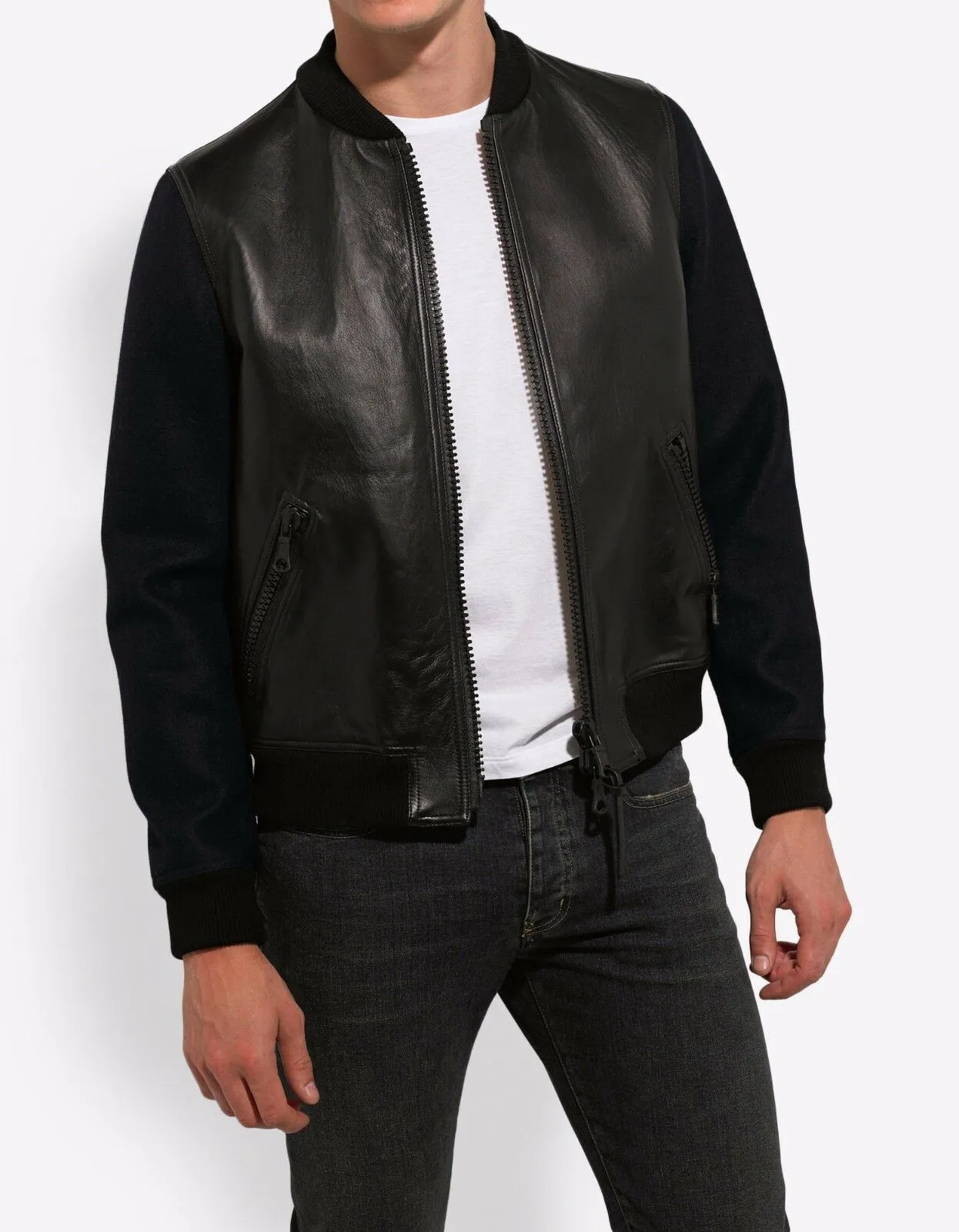 Navy Blue Leather Panel Bomber Jacket