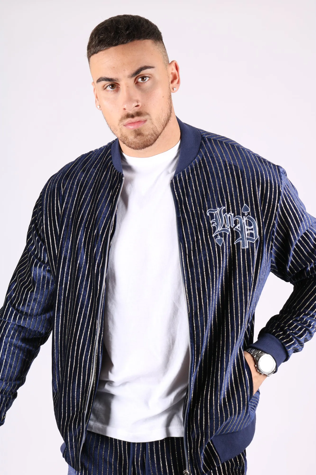 Navy Velour Varsity Gold Pinstripe Bomber