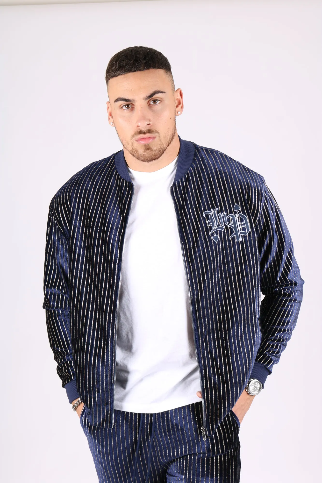 Navy Velour Varsity Gold Pinstripe Bomber