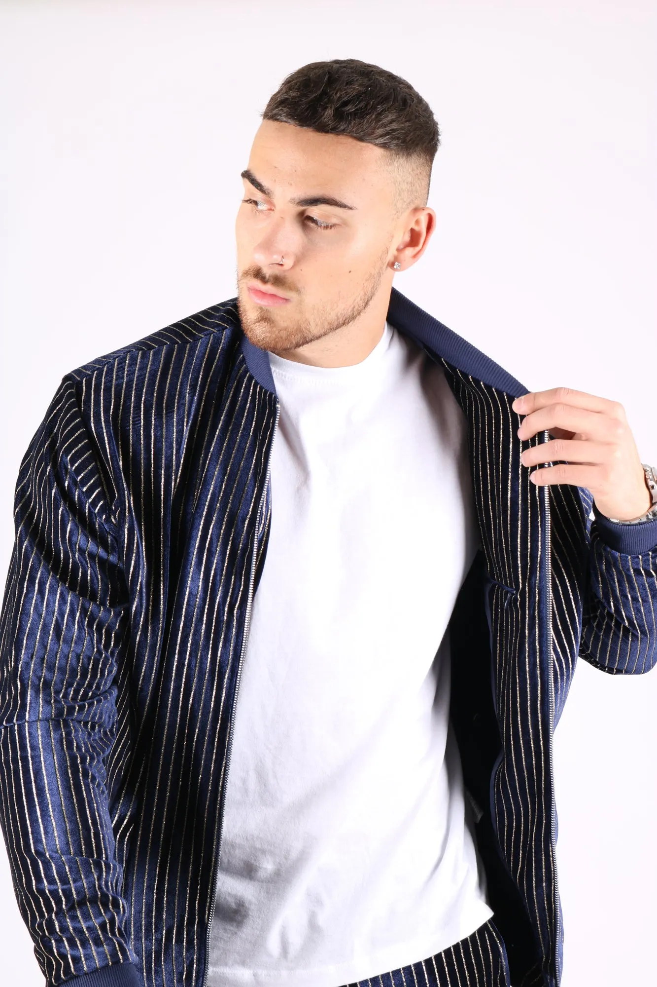 Navy Velour Varsity Gold Pinstripe Bomber