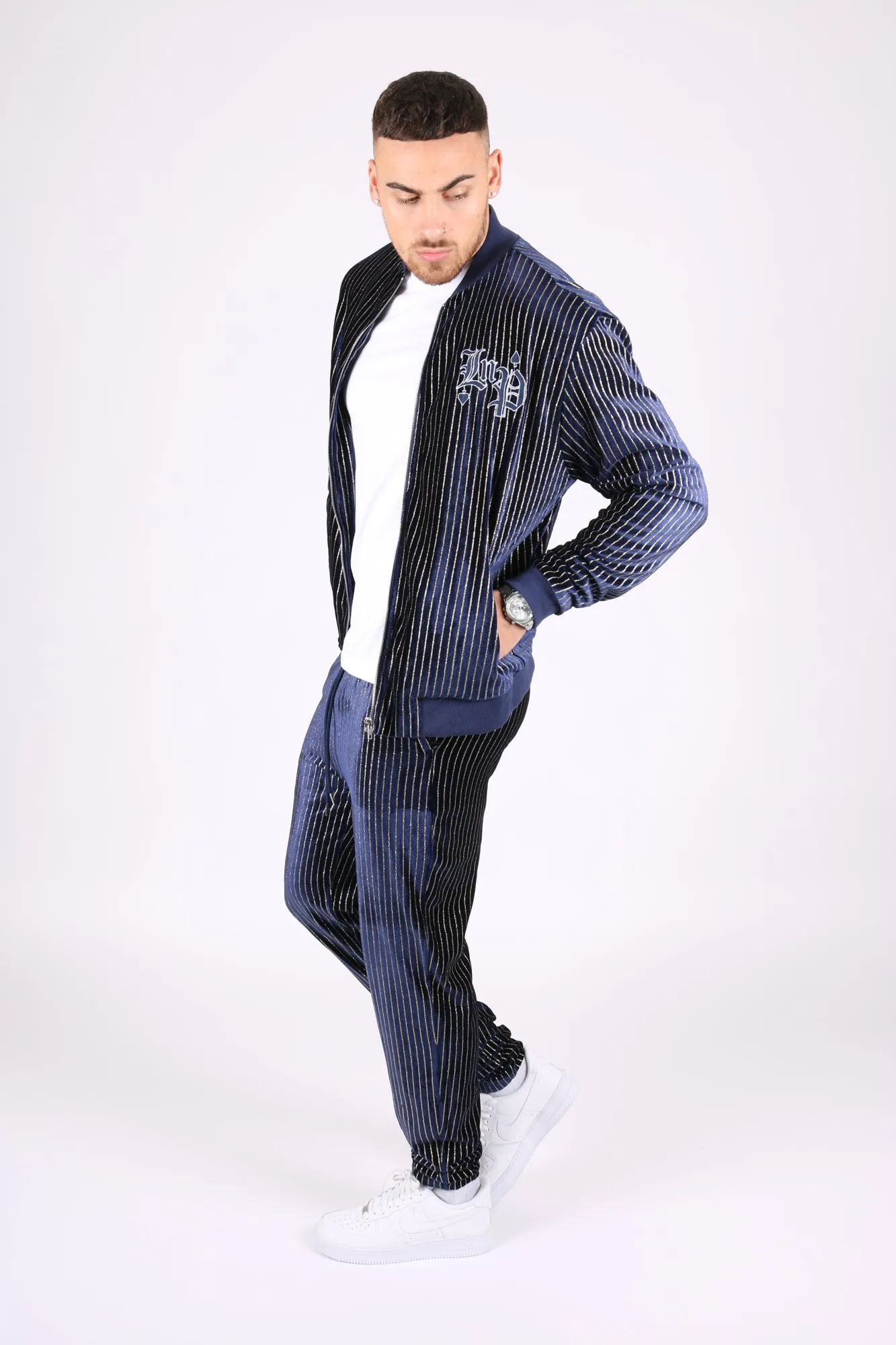 Navy Velour Varsity Gold Pinstripe Bomber