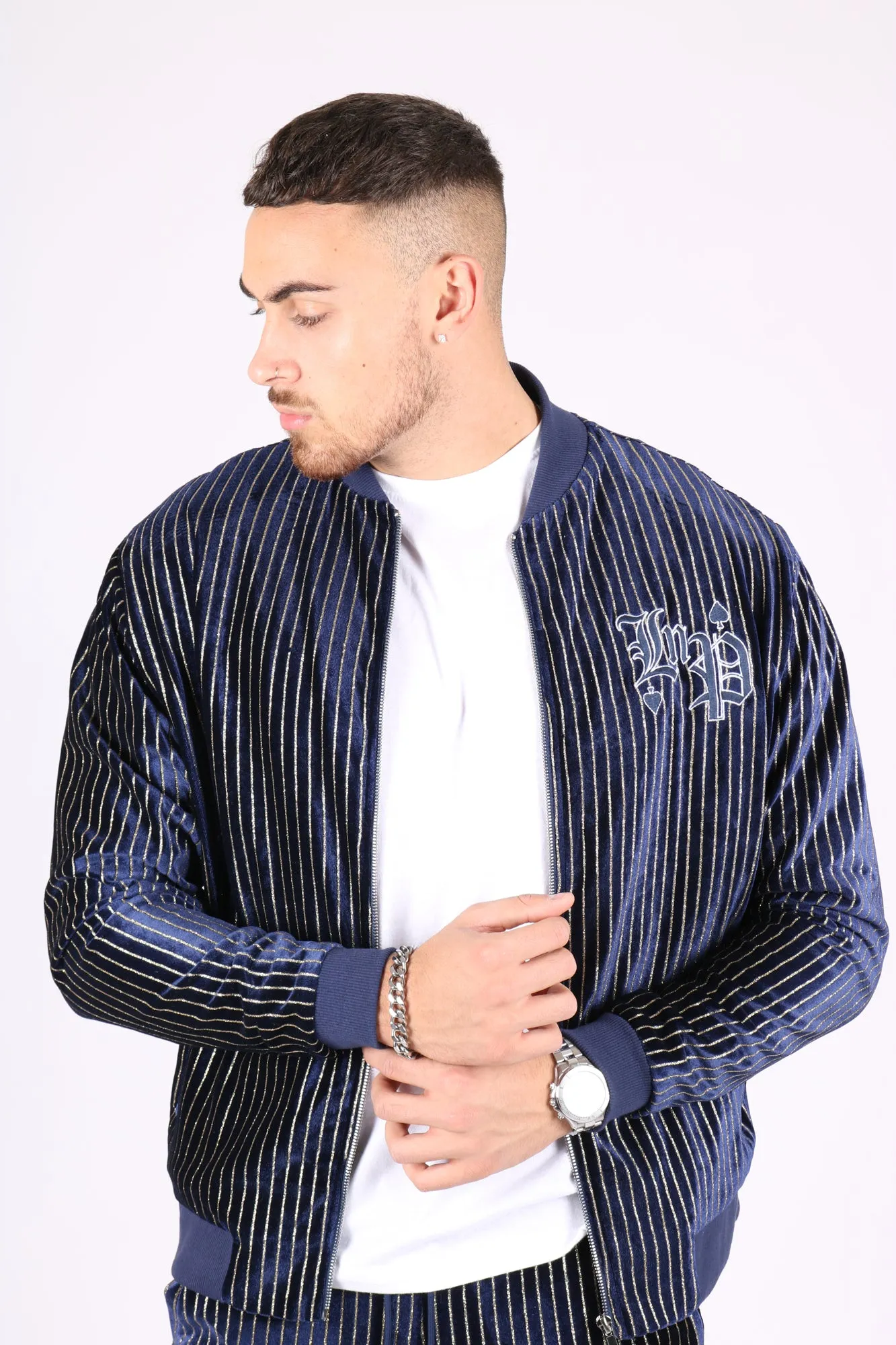 Navy Velour Varsity Gold Pinstripe Bomber