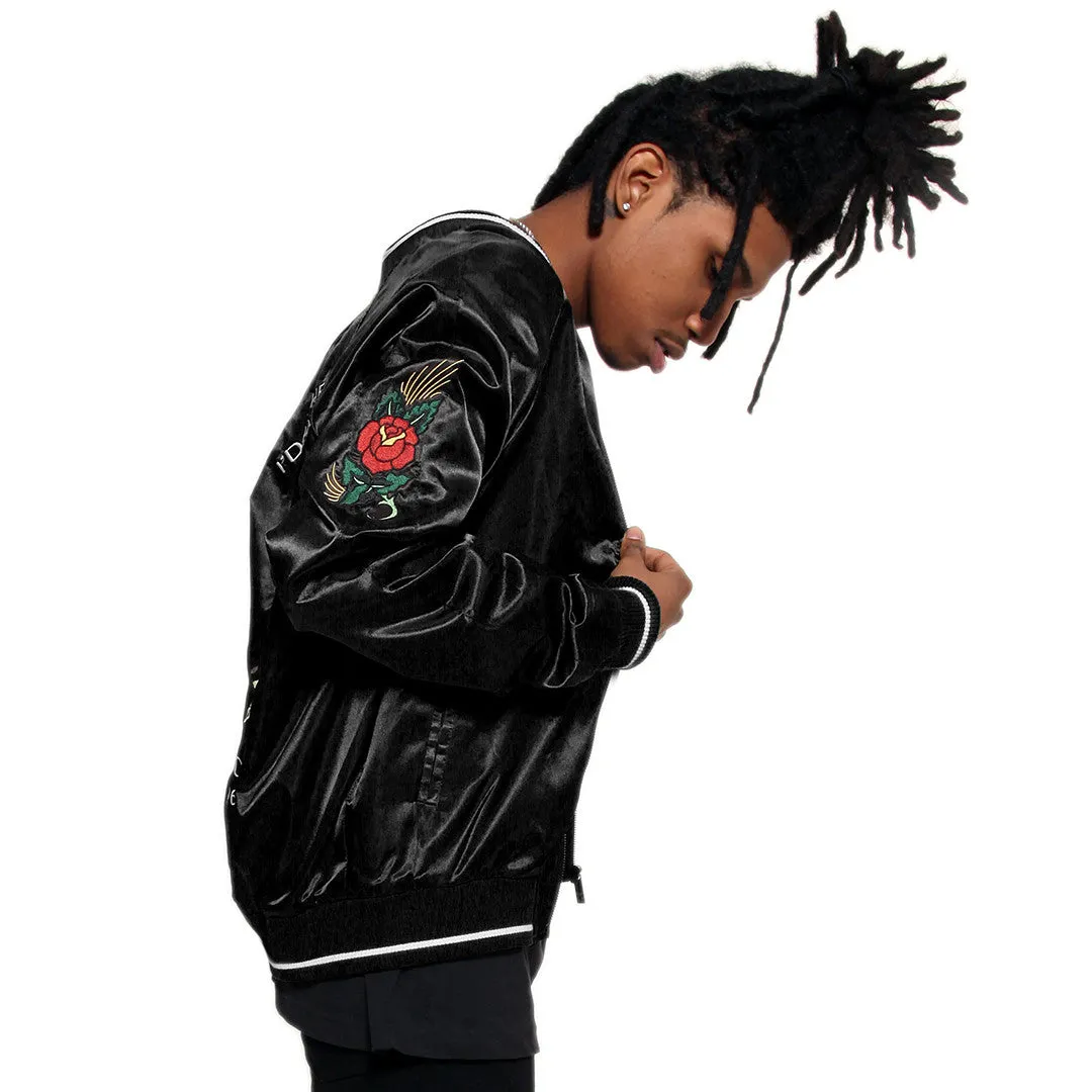 New York Black Satin Embroidery Bomber Souvenir Jacket