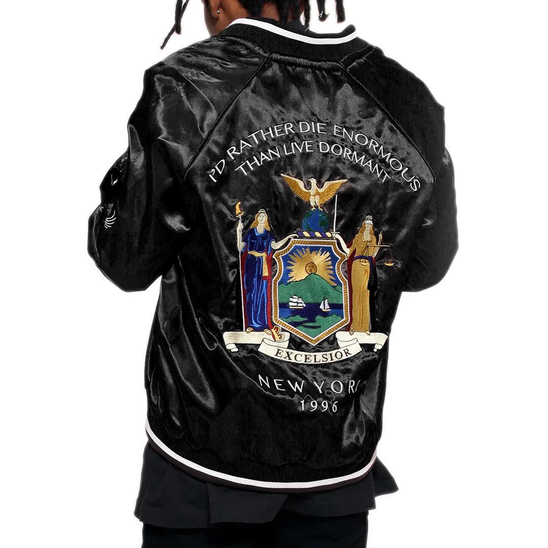 New York Black Satin Embroidery Bomber Souvenir Jacket