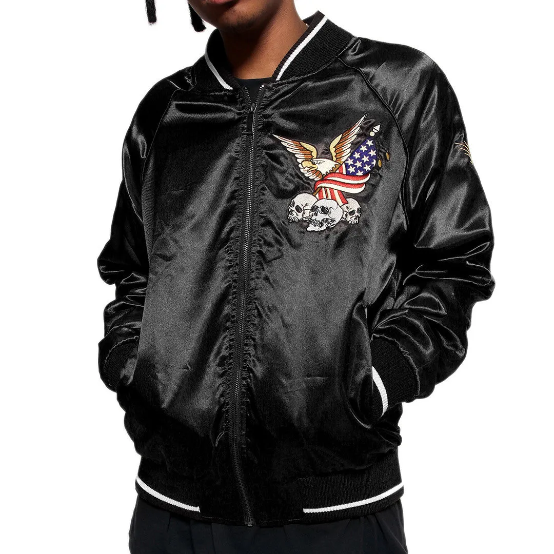 New York Black Satin Embroidery Bomber Souvenir Jacket