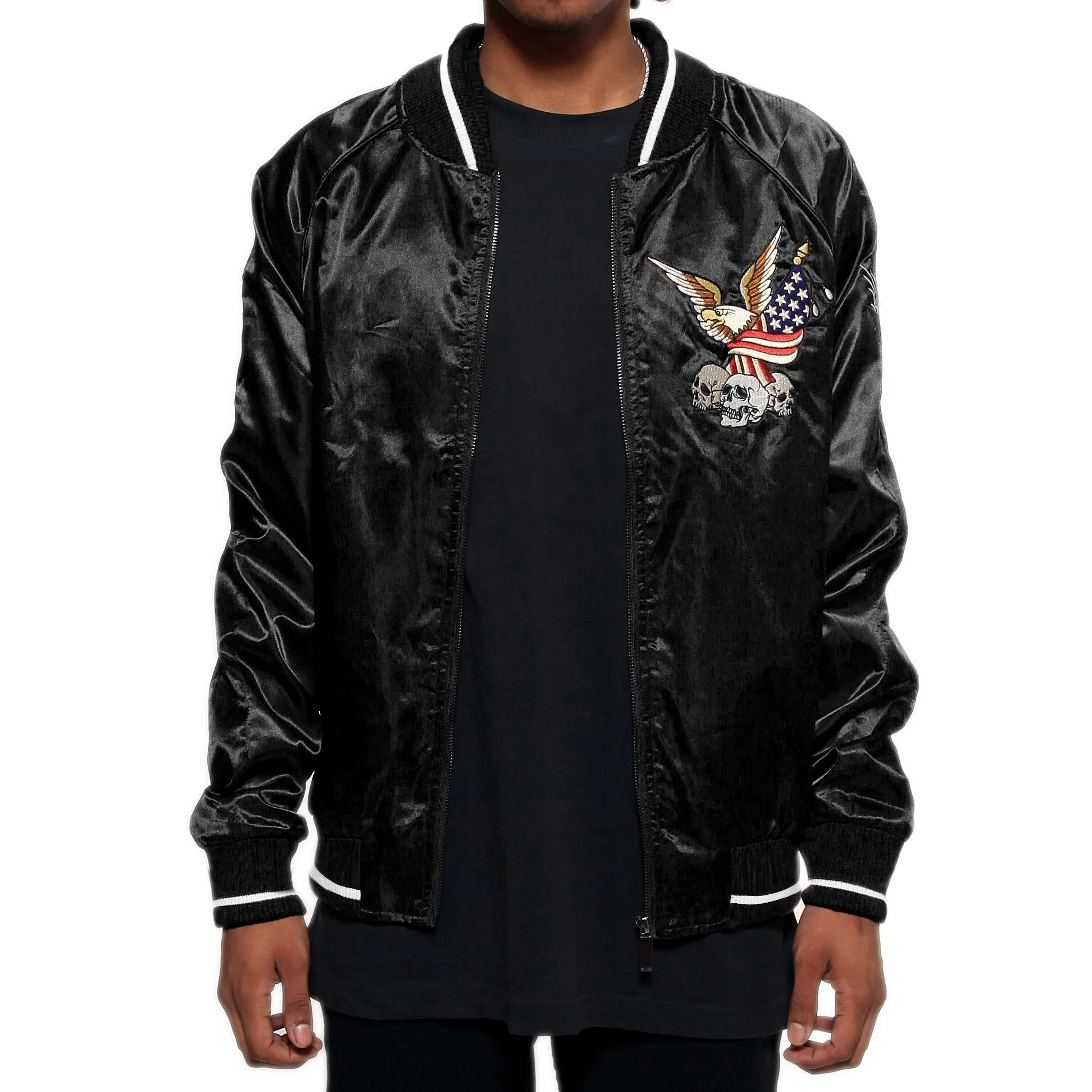 New York Black Satin Embroidery Bomber Souvenir Jacket