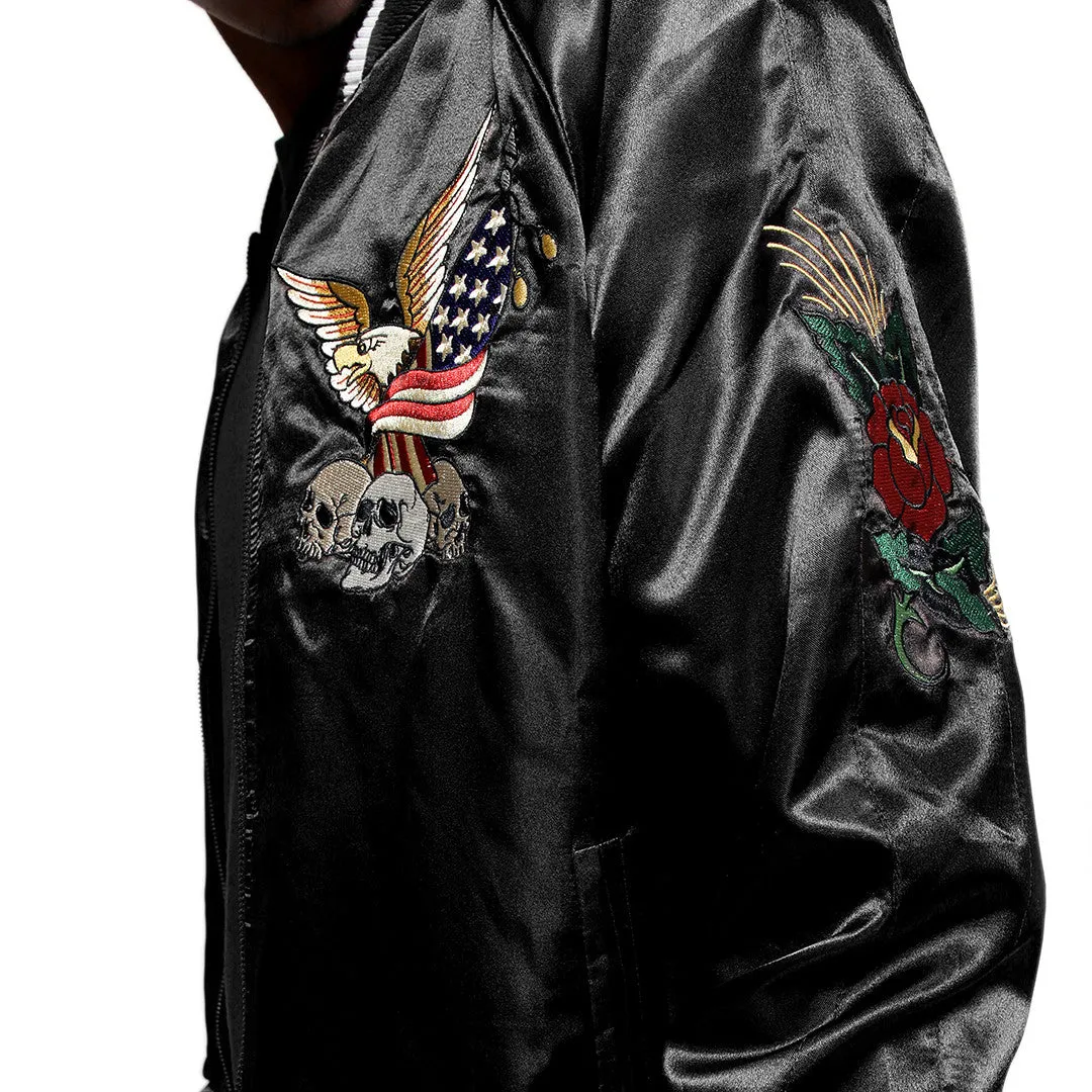 New York Black Satin Embroidery Bomber Souvenir Jacket