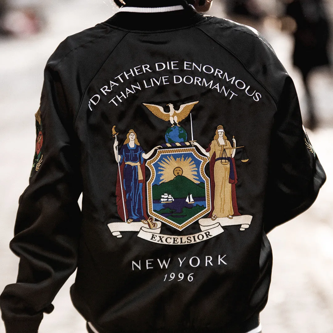 New York Black Satin Embroidery Bomber Souvenir Jacket