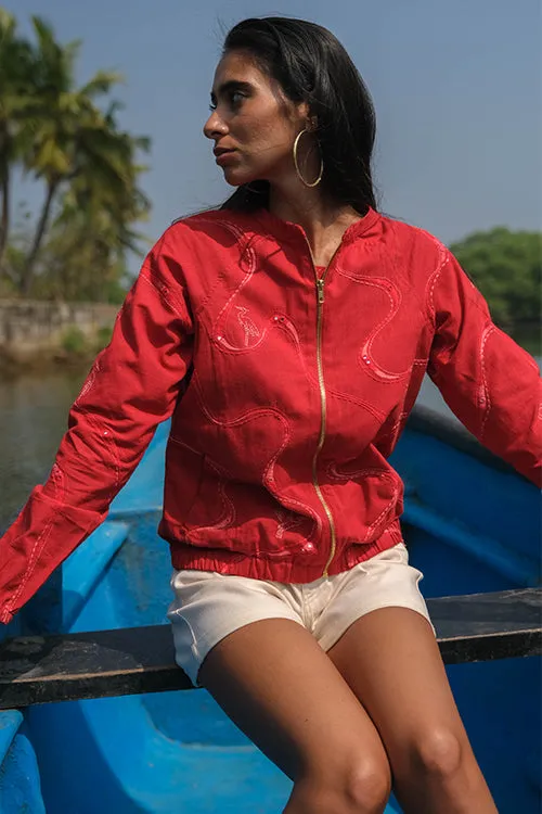 Okhai 'Maritime' Pure Cotton Hand Embroidered Bomber Jacket