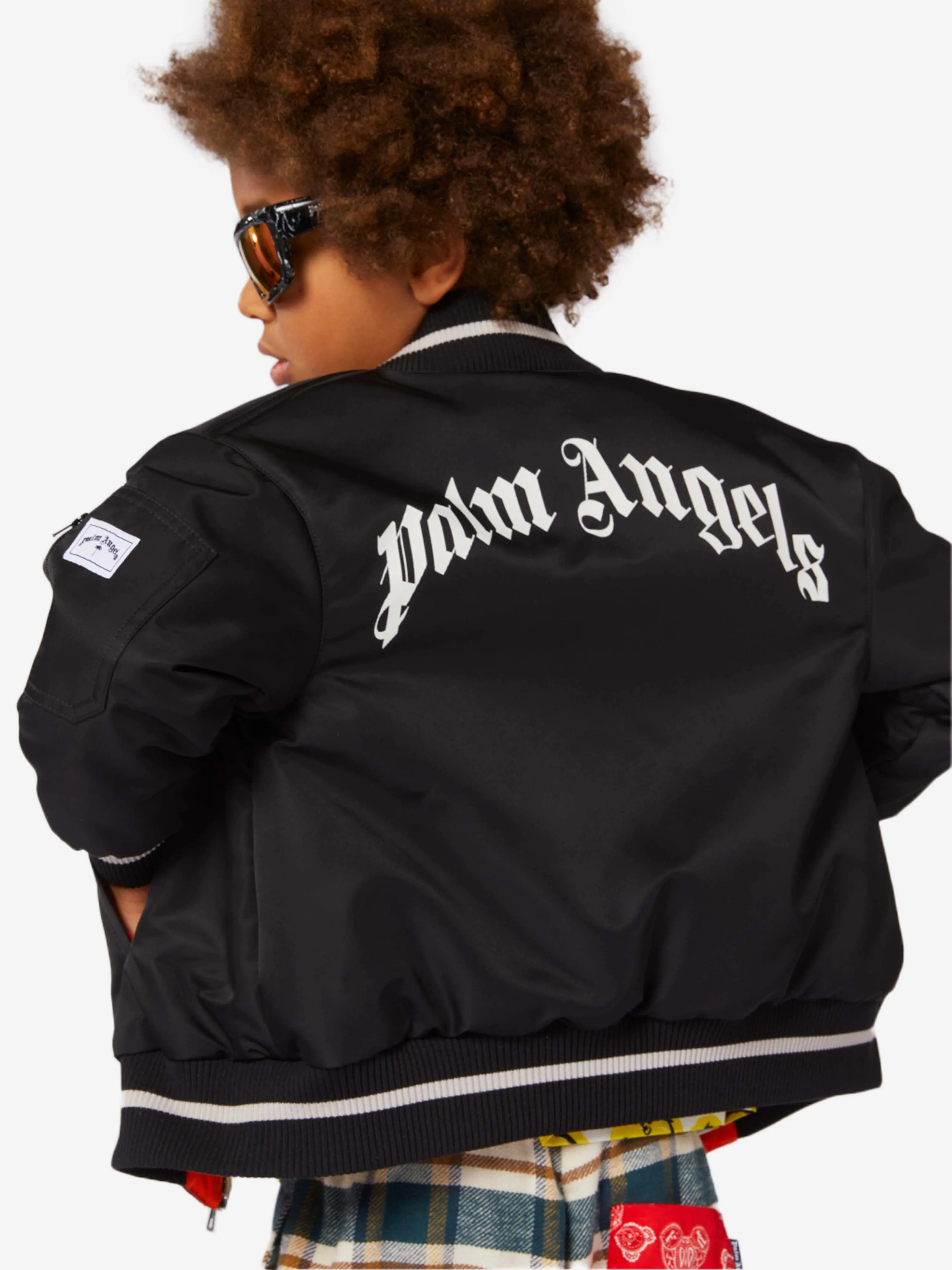 Palm Angels Boys Curved Logo Bomber Jacket in Black