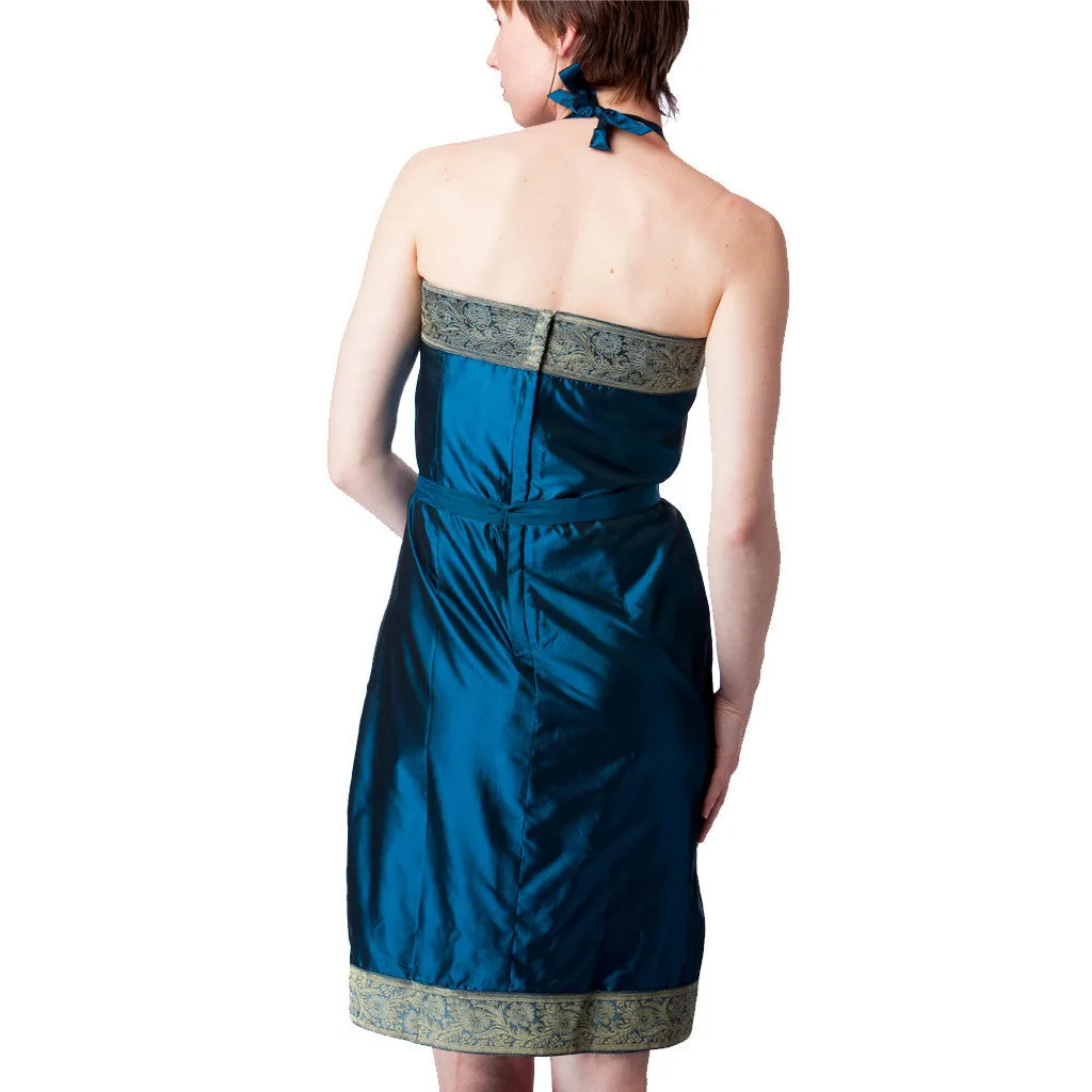 Peacock Blue Silk Halter Bridesmaids Dress