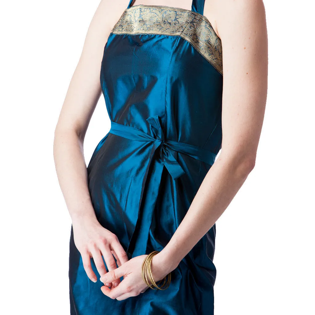 Peacock Blue Silk Halter Bridesmaids Dress