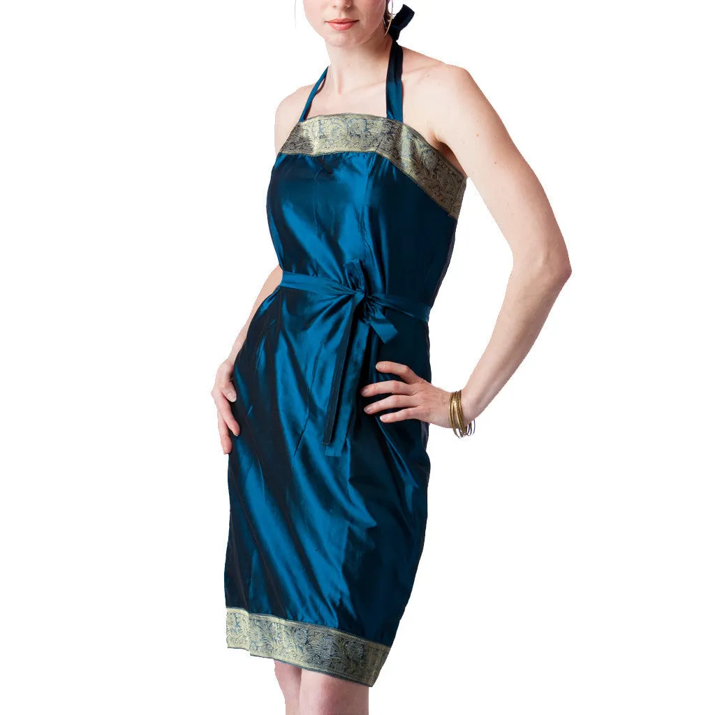 Peacock Blue Silk Halter Bridesmaids Dress