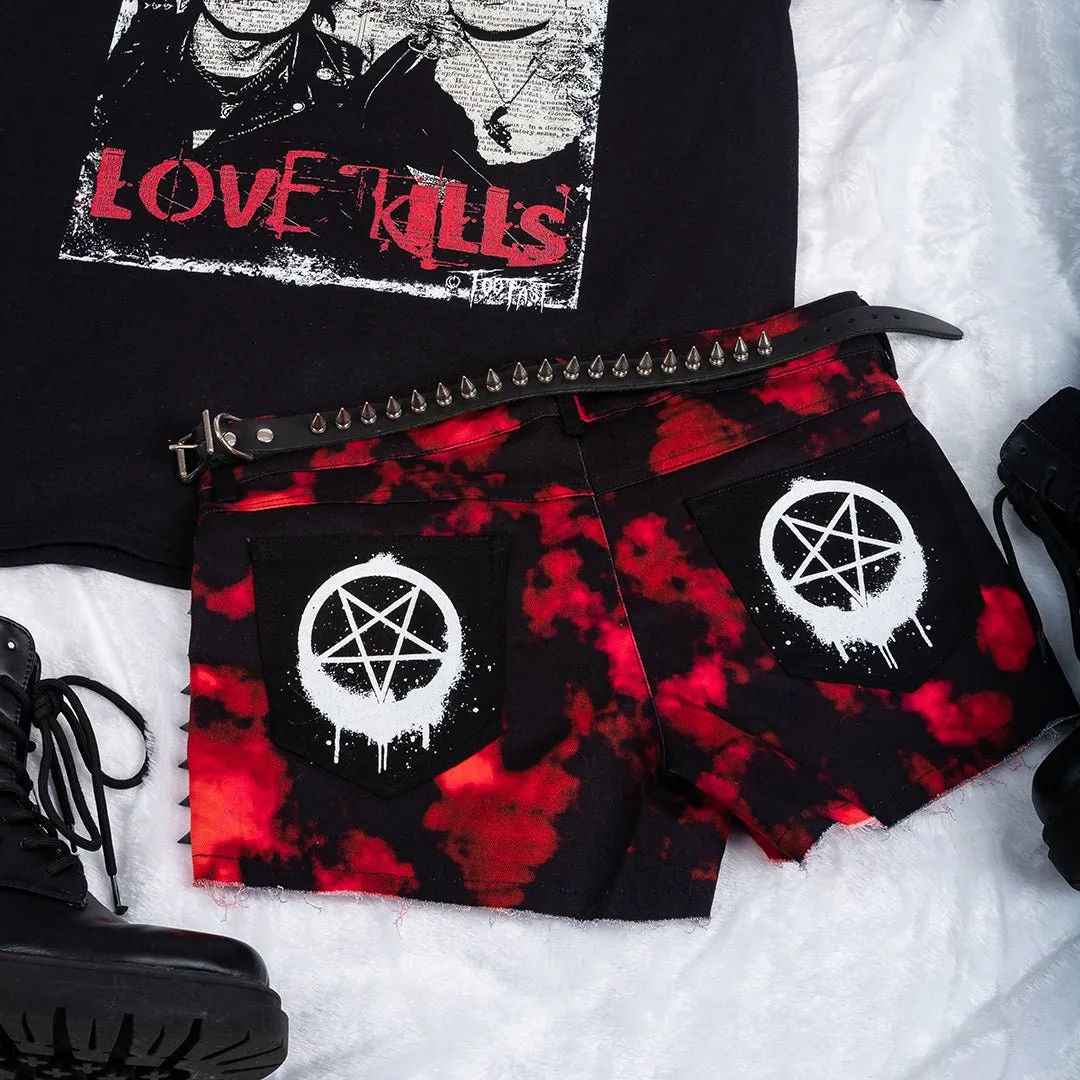 Pentagram Tie-Dye Studded Denim Shorts