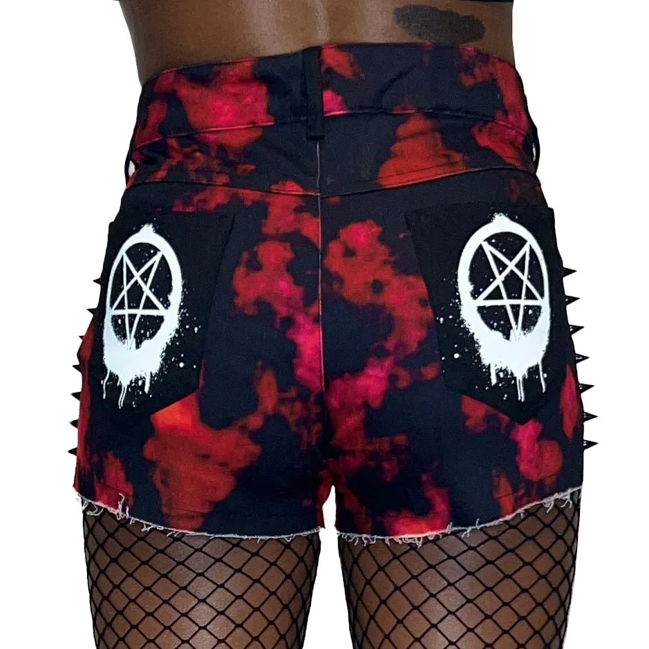 Pentagram Tie-Dye Studded Denim Shorts