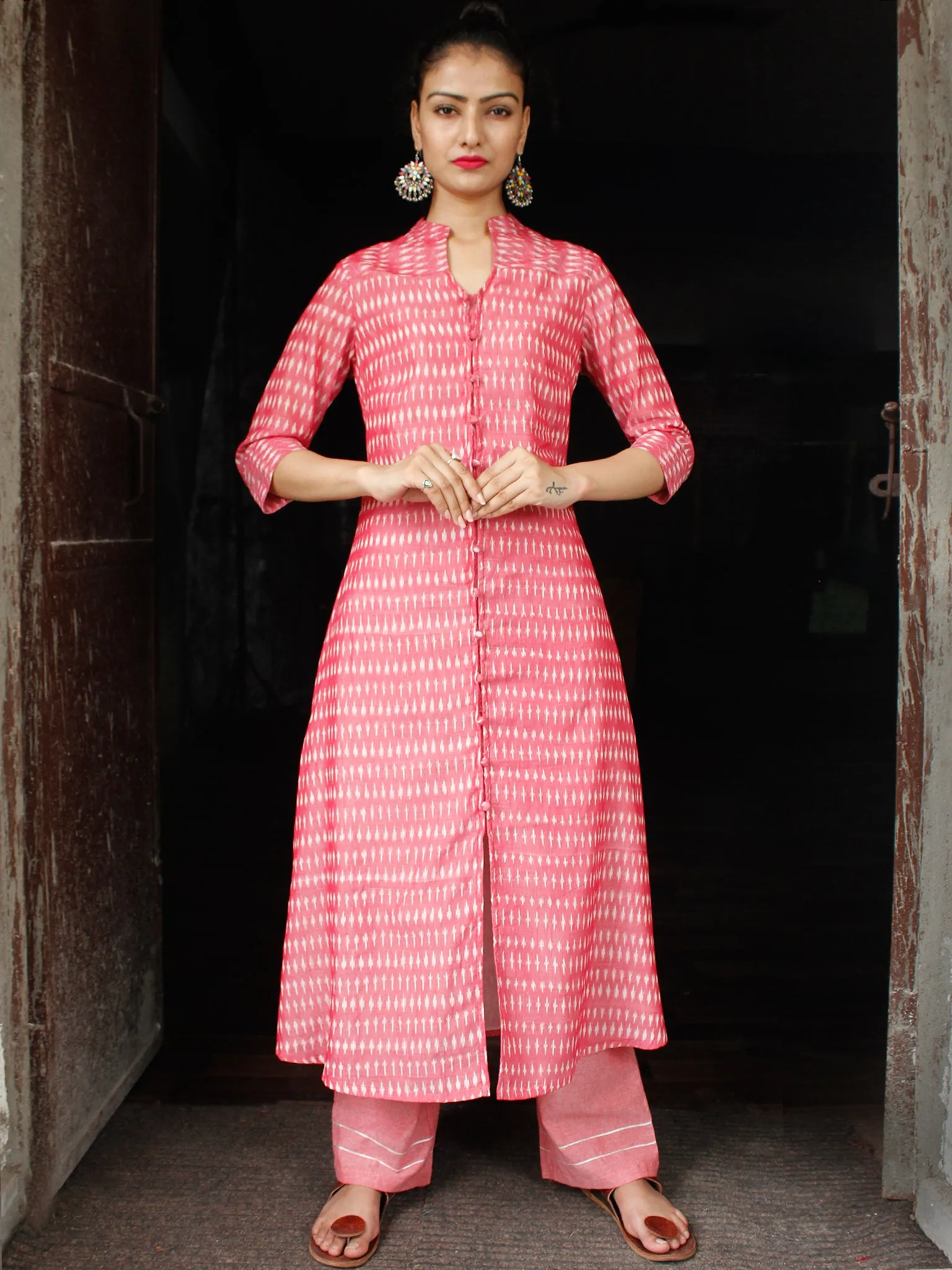 Pink Ivory Silk Cotton Ikat Kurta & Pants With Zari Embroidery (Set of 2)  - SS01F1563