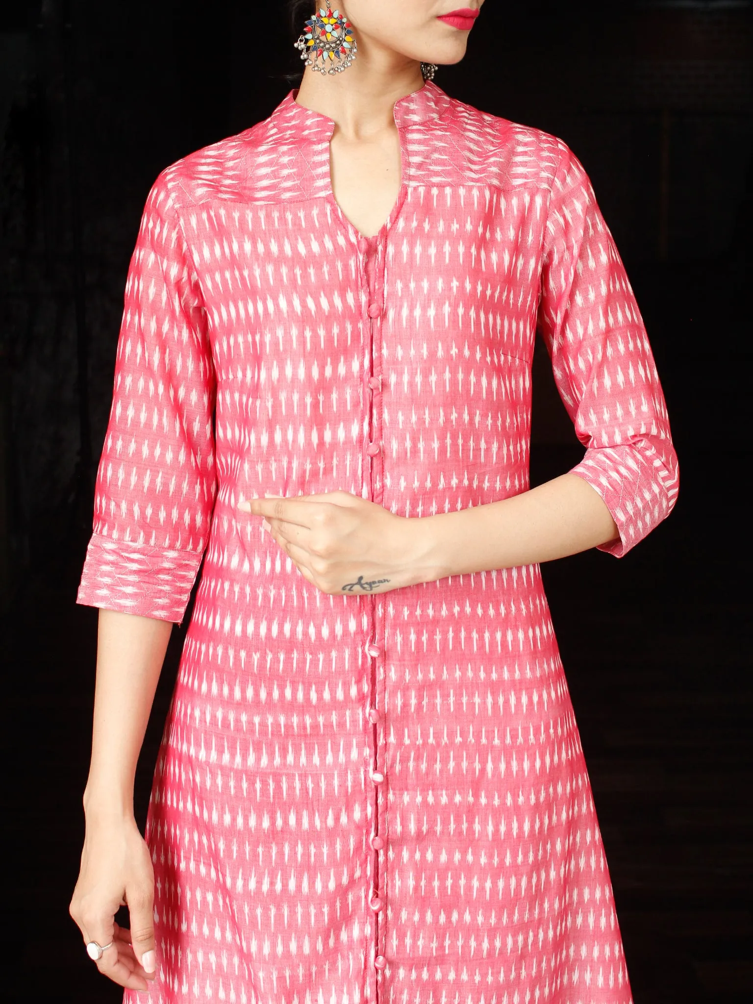 Pink Ivory Silk Cotton Ikat Kurta & Pants With Zari Embroidery (Set of 2)  - SS01F1563