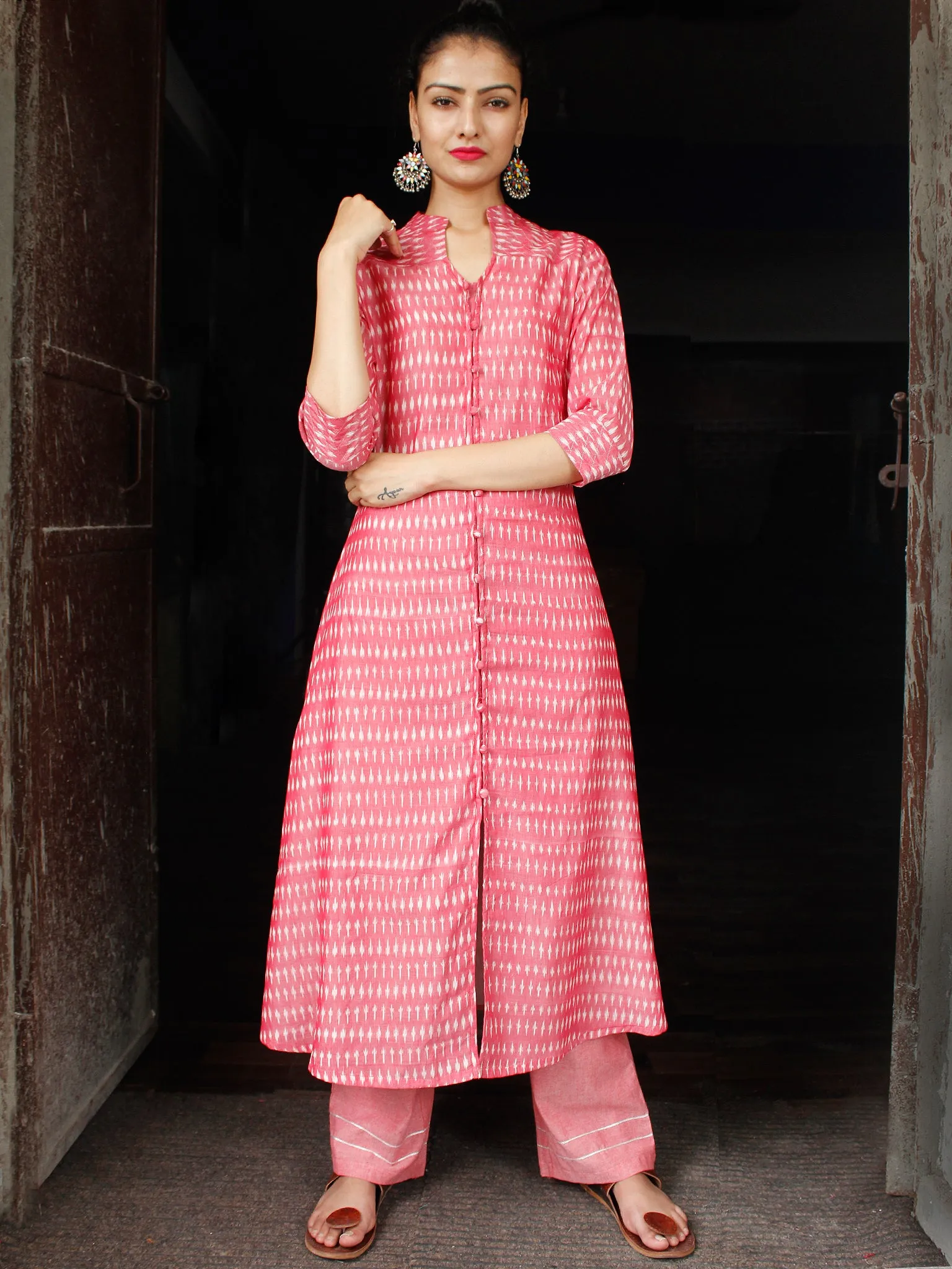 Pink Ivory Silk Cotton Ikat Kurta & Pants With Zari Embroidery (Set of 2)  - SS01F1563