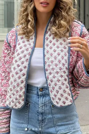 Pink Mix Floral Pattern Reversible Quilted Cropped Jacket