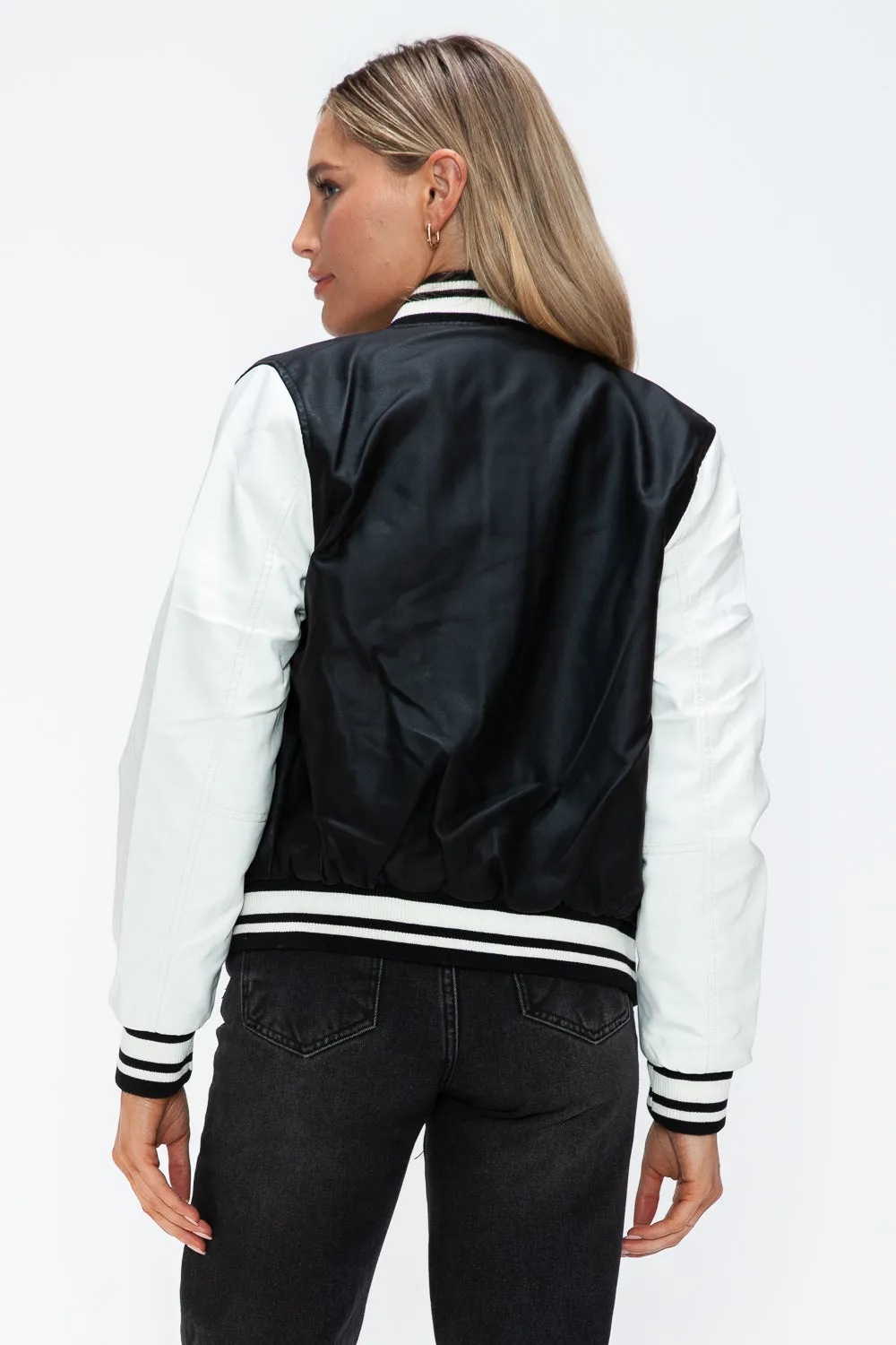 PU Leather Contrast Snap Down Bomber Jacket