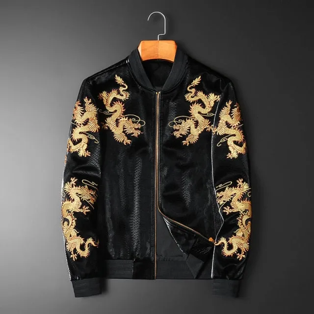 PU Leather Golden Eastern Dragon Embroidery Jacket