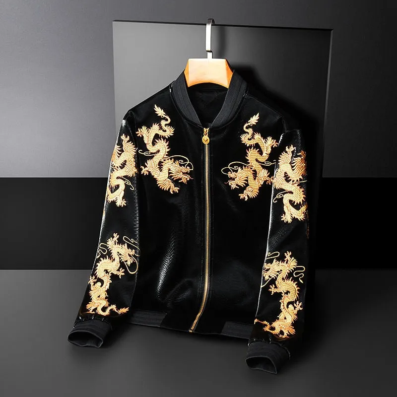 PU Leather Golden Eastern Dragon Embroidery Jacket