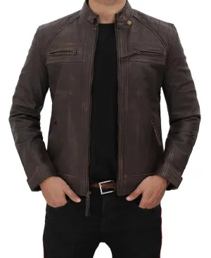 Quilted Distressed Brown Lambskin Leather Motorcycle Jacket