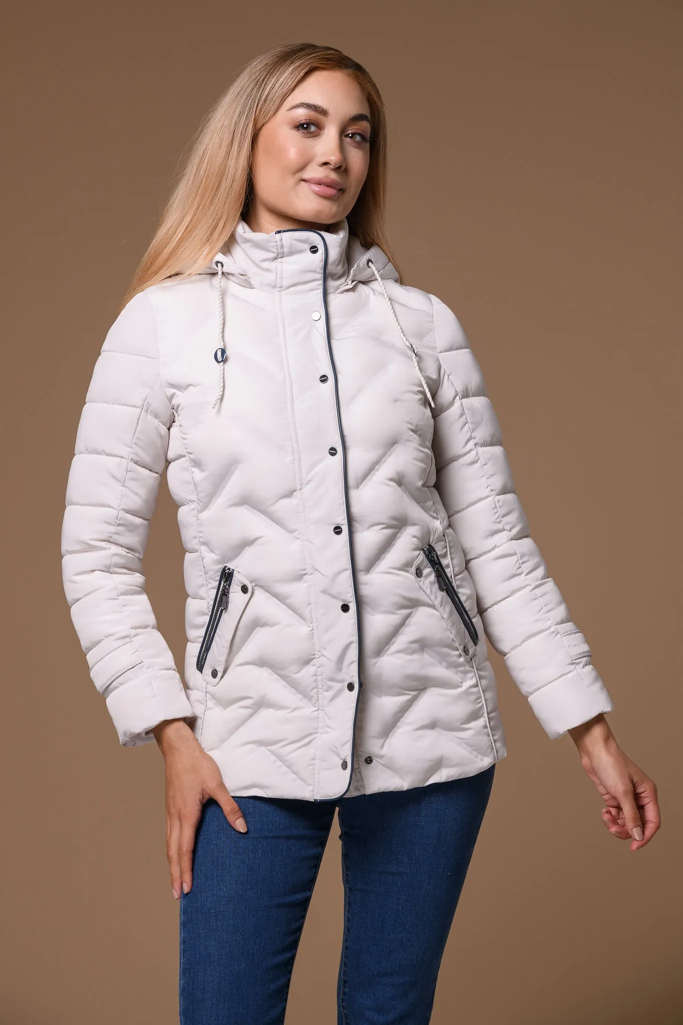 Quilted Leather Trim Jacket -Cream