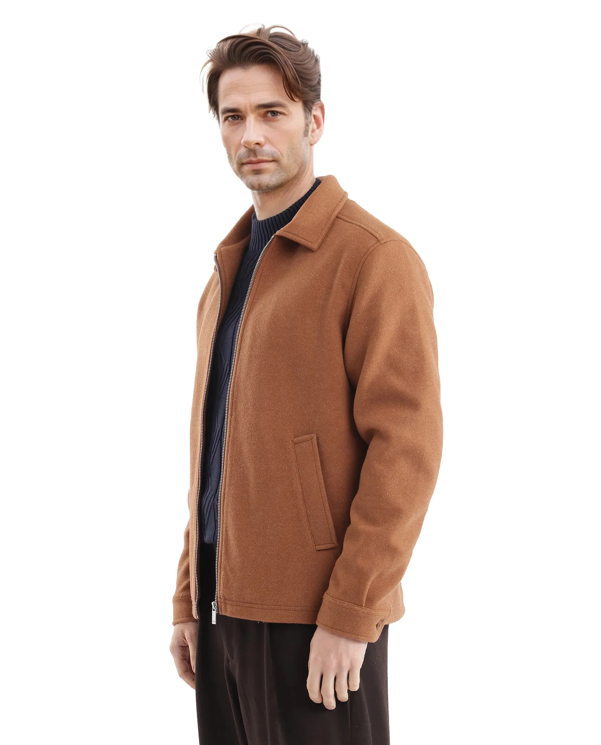 Rare Rabbit Men Tweeder-2 Brown Poly Rayon Fabric Full Sleeve Collared Neck Zipper Closure Relaxed Fit Plain Jacket