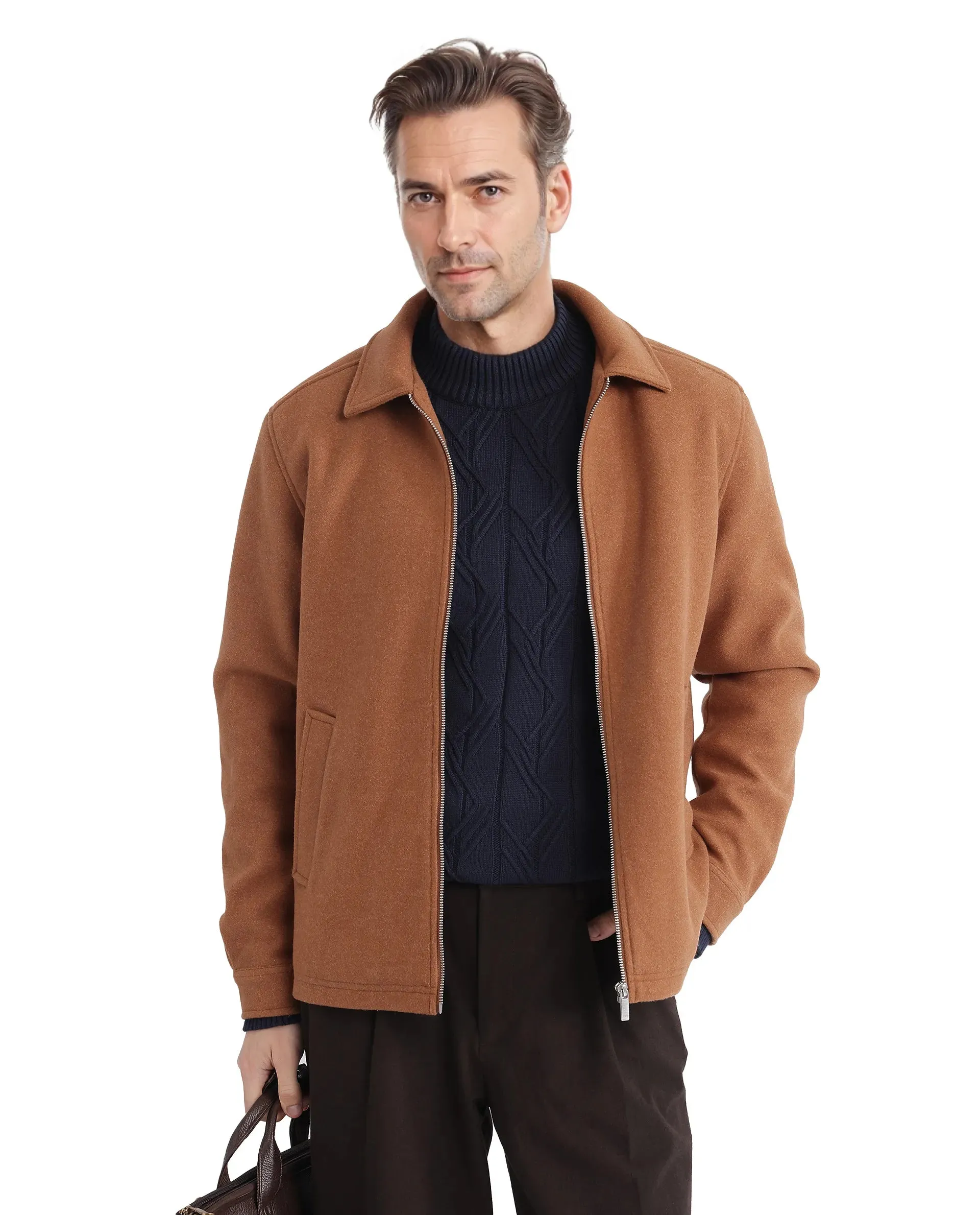 Rare Rabbit Men Tweeder-2 Brown Poly Rayon Fabric Full Sleeve Collared Neck Zipper Closure Relaxed Fit Plain Jacket