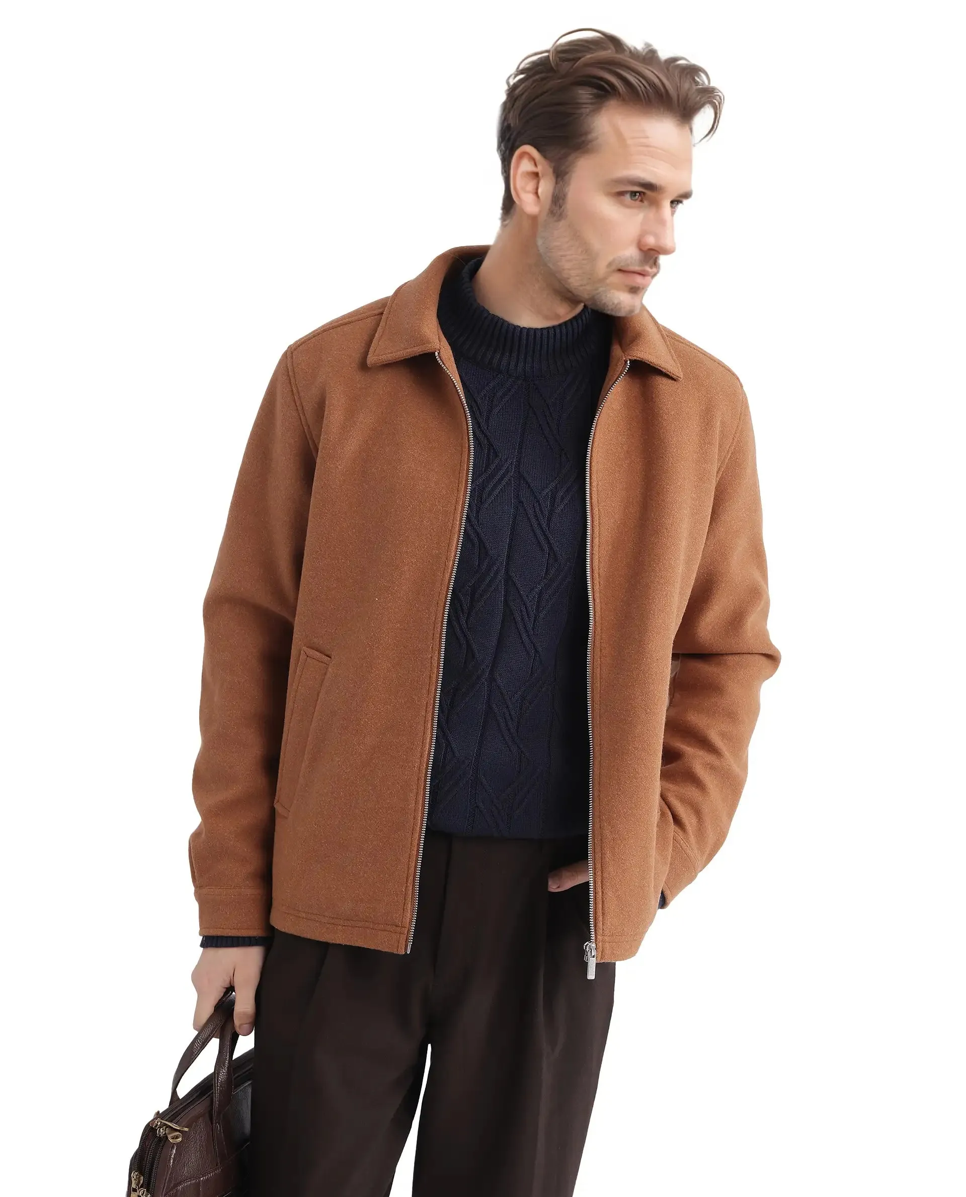 Rare Rabbit Men Tweeder-2 Brown Poly Rayon Fabric Full Sleeve Collared Neck Zipper Closure Relaxed Fit Plain Jacket