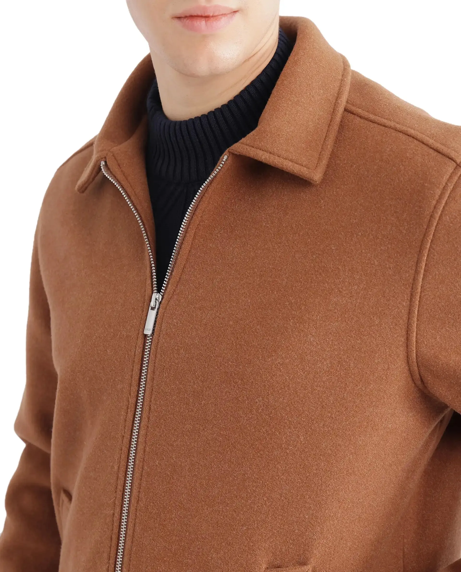 Rare Rabbit Men Tweeder-2 Brown Poly Rayon Fabric Full Sleeve Collared Neck Zipper Closure Relaxed Fit Plain Jacket