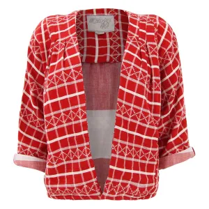 Red and White Grid Print Cardigan