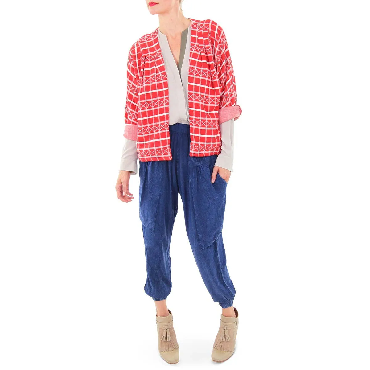 Red and White Grid Print Cardigan