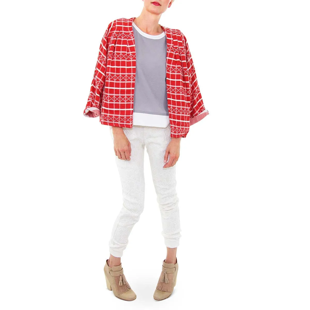 Red and White Grid Print Cardigan