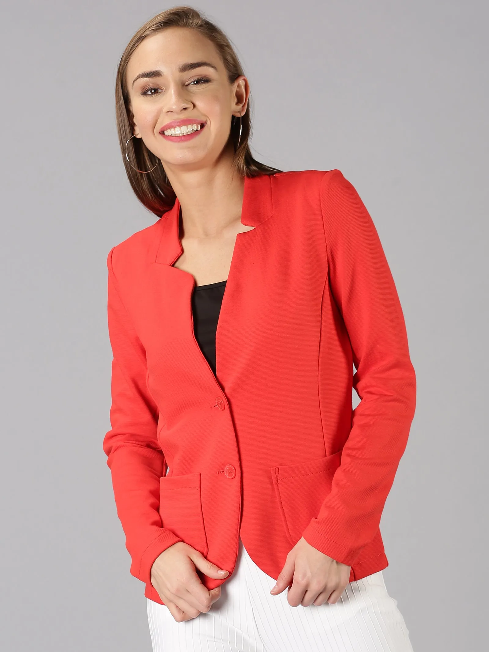 Red Full Sleeve Solid Women Jacket