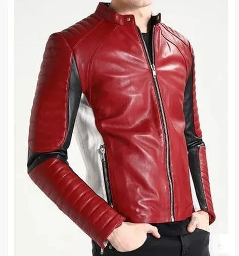 RED QUILTED LEATHER BIKER JACKET FOR MEN