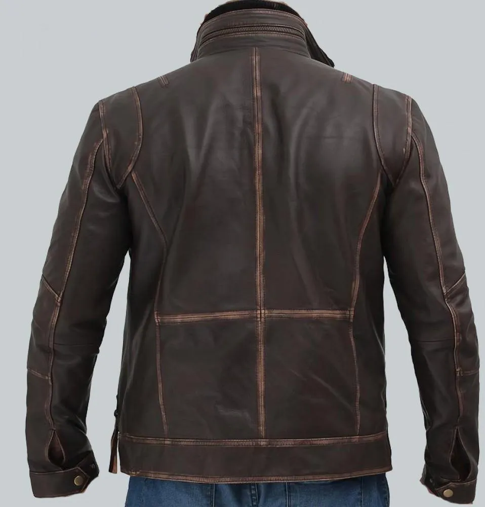 Rugged Brown Distressed Leather Motorcycle Jacket with Quilted Shoulders