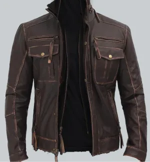 Rugged Brown Distressed Leather Motorcycle Jacket with Quilted Shoulders