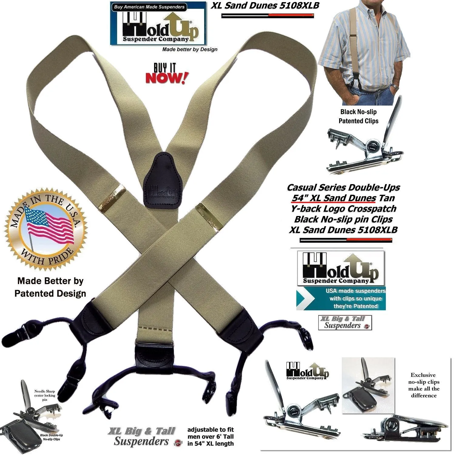 Sand Dunes Tan XL 54" Big & Tall Holdup Double-Up Style Suspenders with dual Patented black no-slip clips