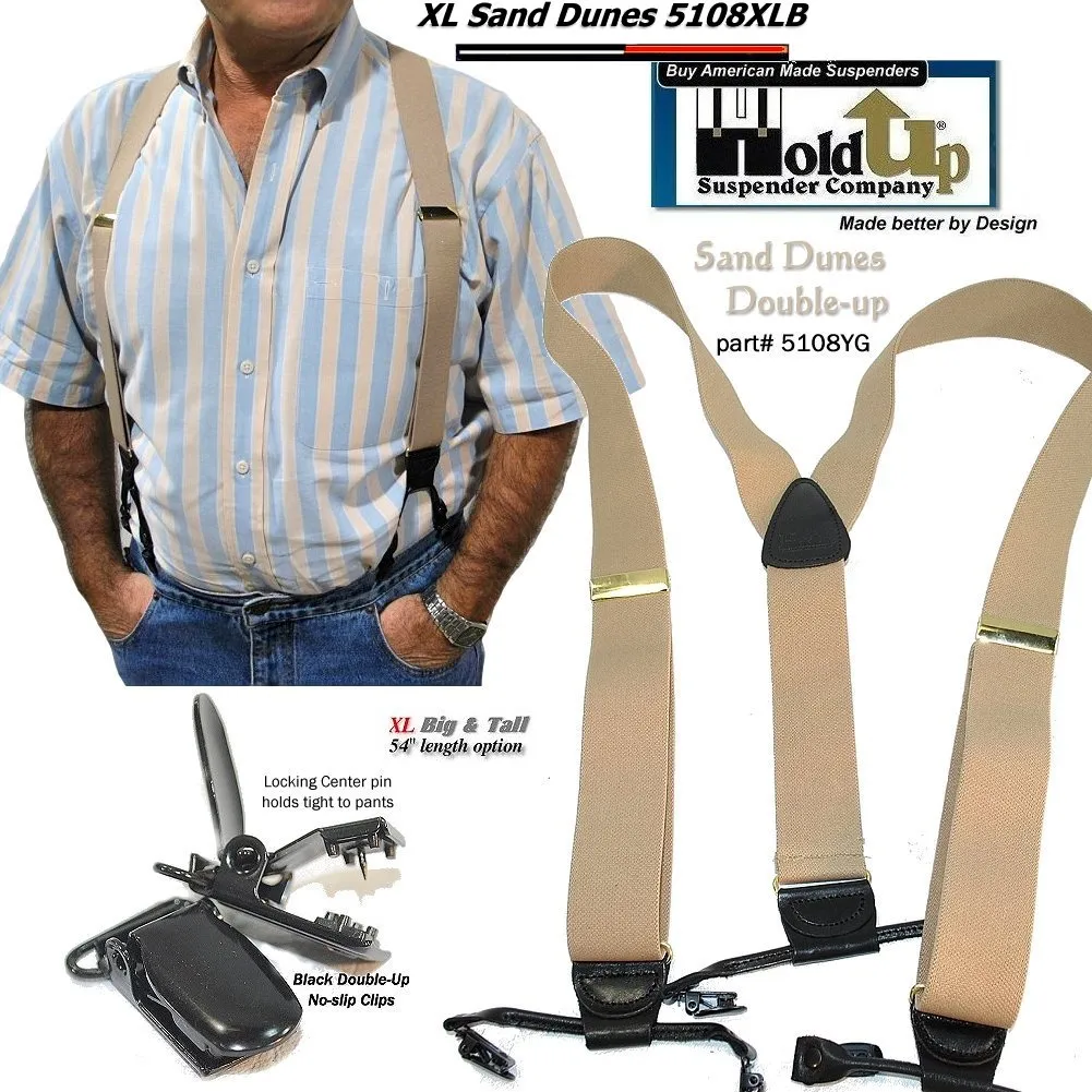 Sand Dunes Tan XL 54" Big & Tall Holdup Double-Up Style Suspenders with dual Patented black no-slip clips