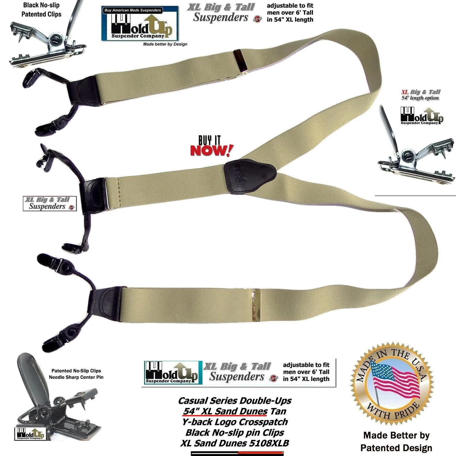 Sand Dunes Tan XL 54" Big & Tall Holdup Double-Up Style Suspenders with dual Patented black no-slip clips