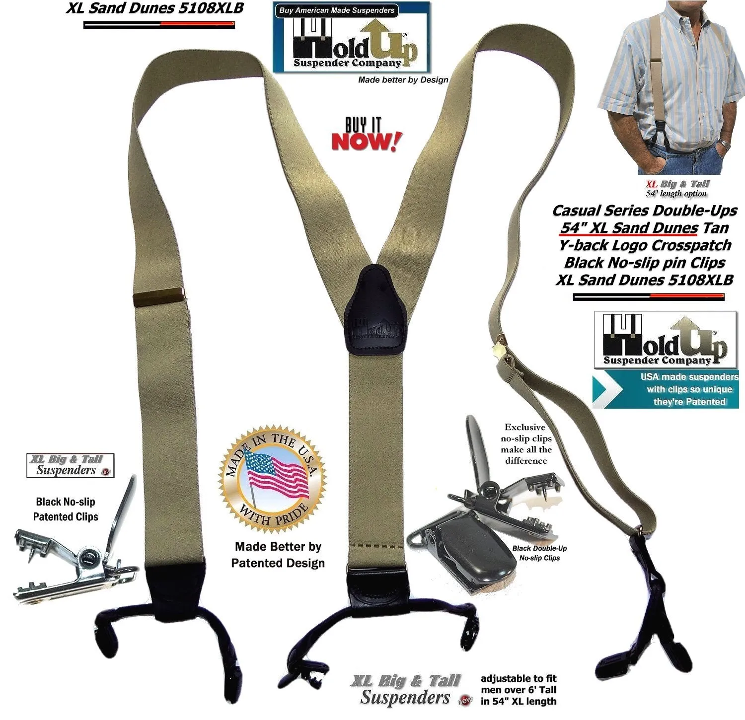 Sand Dunes Tan XL 54" Big & Tall Holdup Double-Up Style Suspenders with dual Patented black no-slip clips