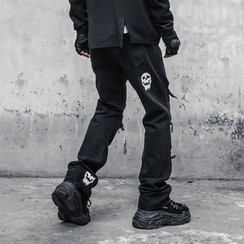 Skinny Jeans Pants Black Men Streetwear Destroyed Ripped Skull Printed Jeans Hip Hop Denim Pant Hole WB321