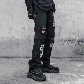 Skinny Jeans Pants Black Men Streetwear Destroyed Ripped Skull Printed Jeans Hip Hop Denim Pant Hole WB321